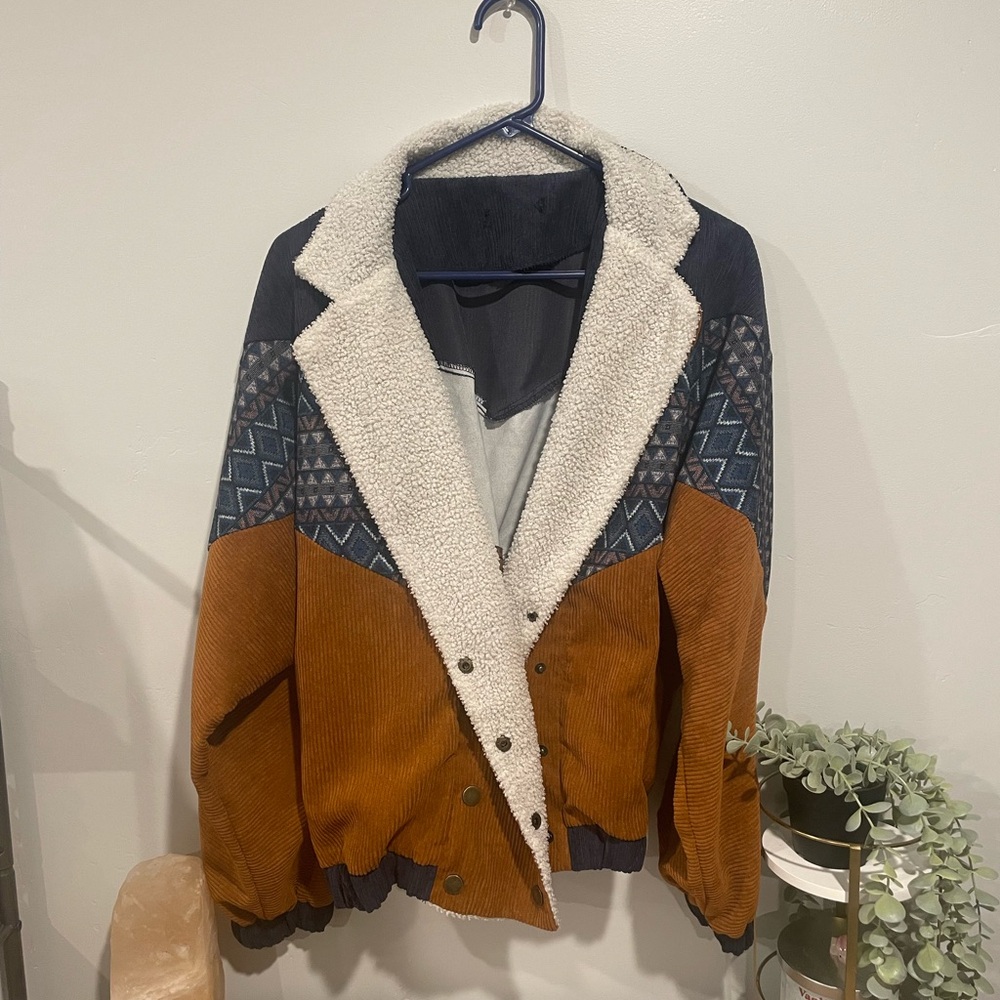 Rust Corduroy Teddy-Lined Jacket with Geometric Detail